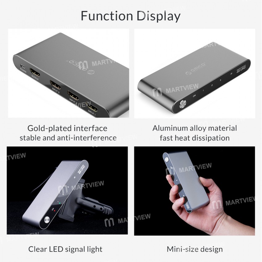 Orico HS3-A1 Aluminum Alloy Infrared Remote Control HDMI Switcher DP(M) to DVI (F) HD Video Adapter