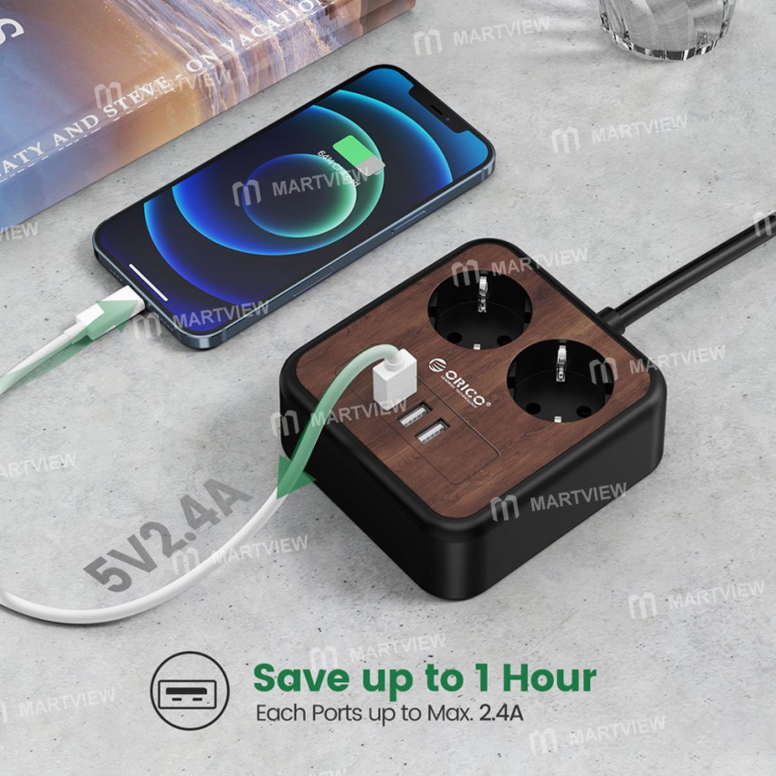 Orico Portable Home Wood Grain Double Sockets Power Strip with 3 USB Ports - EU Plug