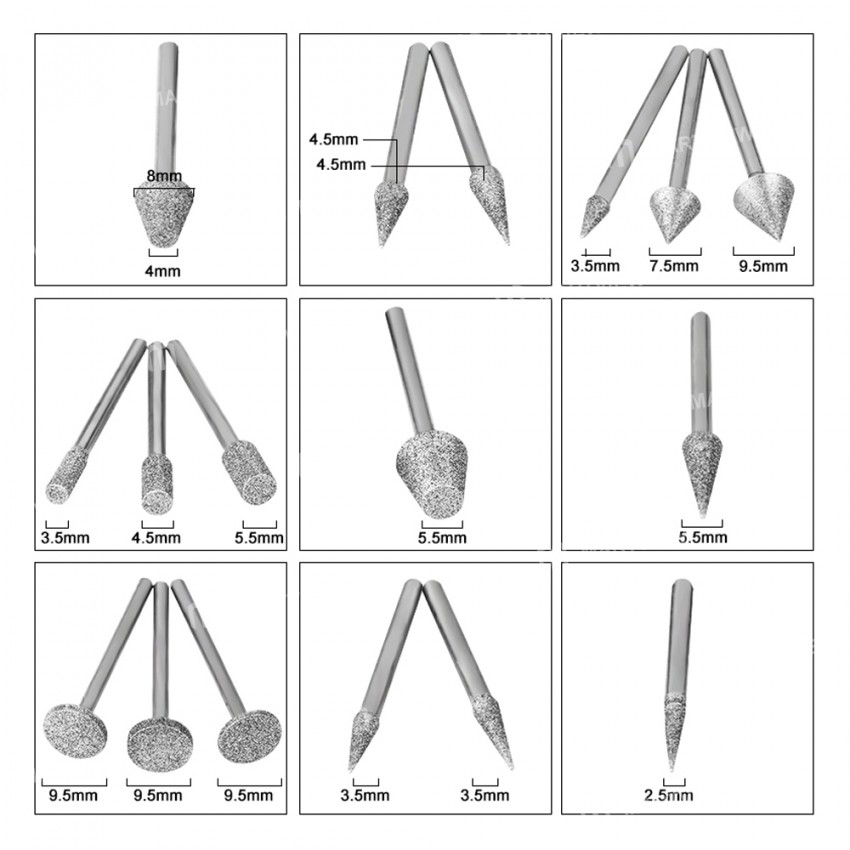 1/8 inch Shank Diamond Grinding Head Set for Electric Polisher - 50Pcs