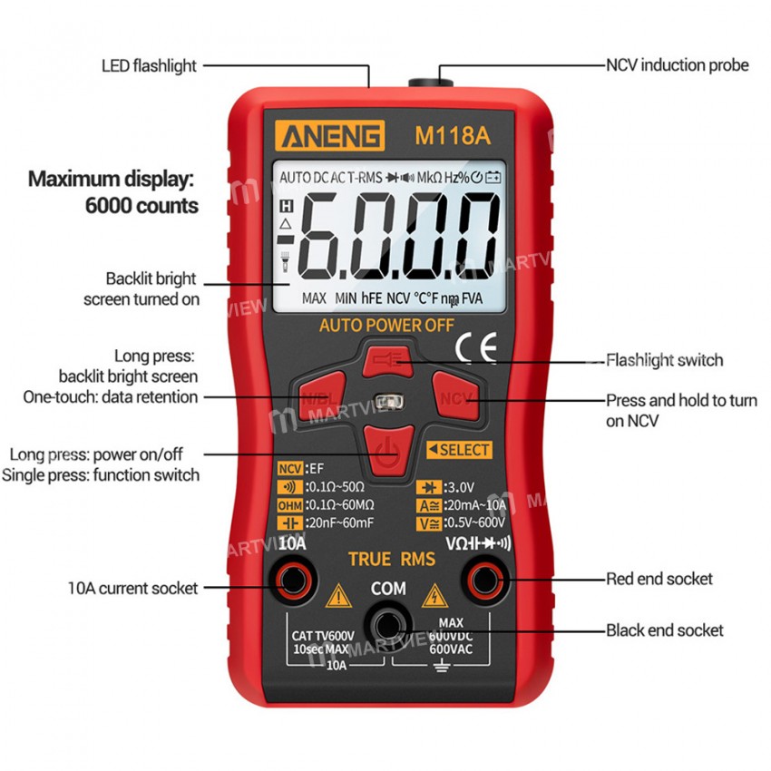 Aneng M118A True RMS Auto-ranging Multi-function Precision Digital Multimeter with Flashlight