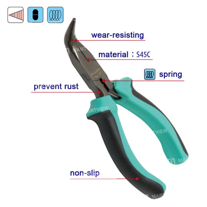 Pro'sKit PM-755 S45C Steel Anti-skid Small Curved Needle Nose Pliers