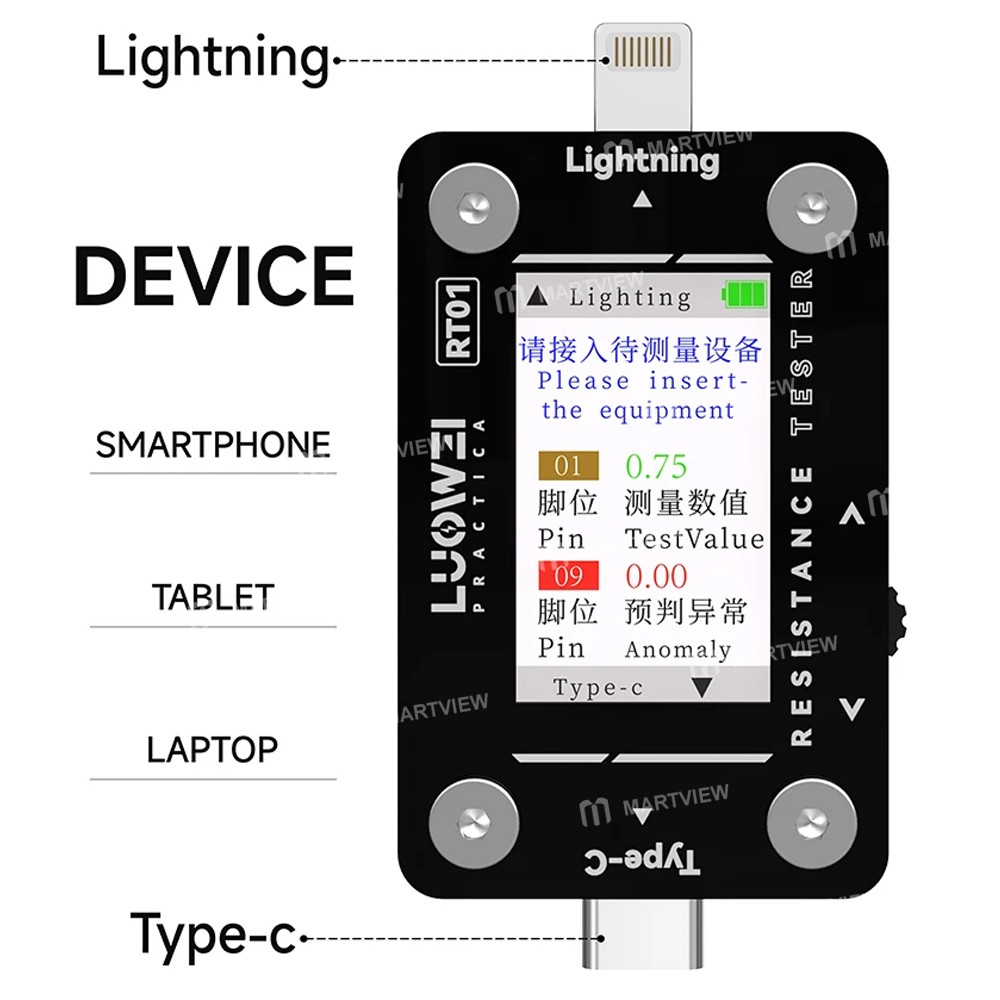 luowei lw-rt01-type-c-to-lightning-high-precision-digital-display-tail-insertion-tester-8