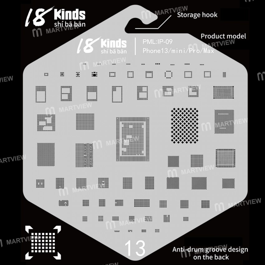 18 Kinds Chip BGA IC Reballing Stencil Kits for iPhone 6 to 13 Pro Max Screen Dot Matrix IC