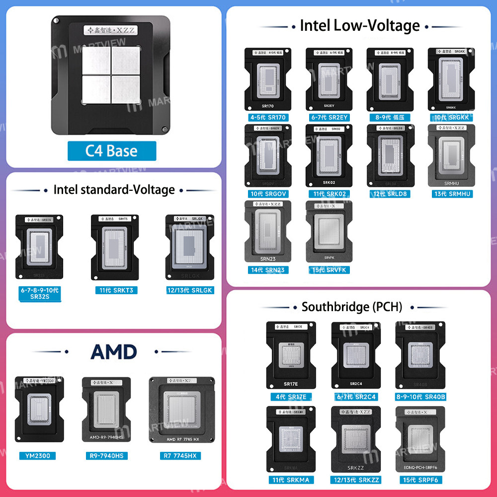 xzz 45-in-1-intel-low-voltage-intel-standard-voltage-southbridge-pch-amd-cpu-bga-reballing-stencil-p