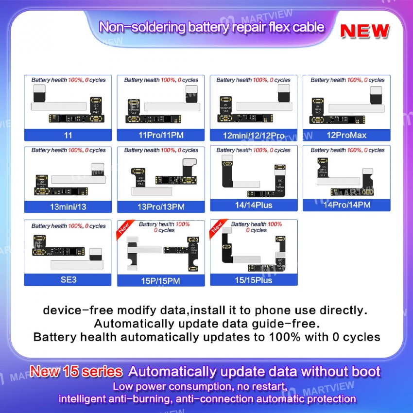 i2c no-soldering-battery-capacity-efficiency-reset-modification-flex-cable-for-iphone-11-to-15pro-ma
