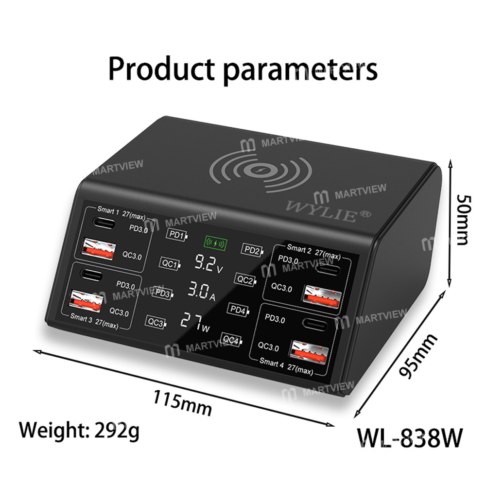 wylie wl-838w-100w-smart-multi-port-fast-charger-supports-qc-pd-fast-charging-15w-wireless-charging-