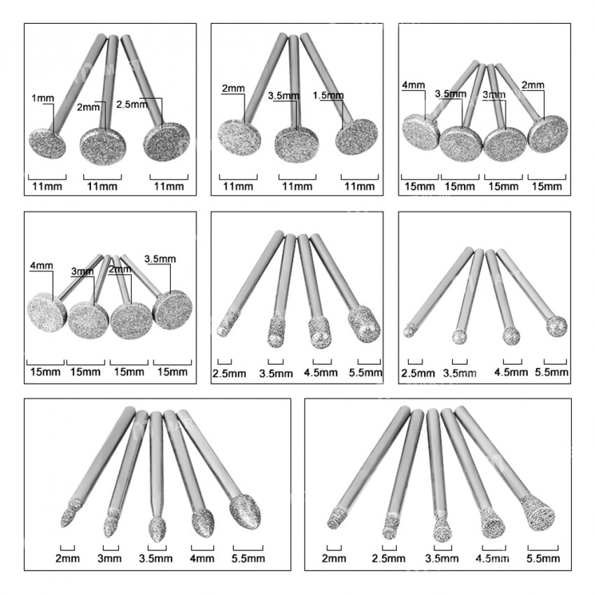 1/8 inch Shank Diamond Grinding Head Set for Electric Polisher - 50Pcs