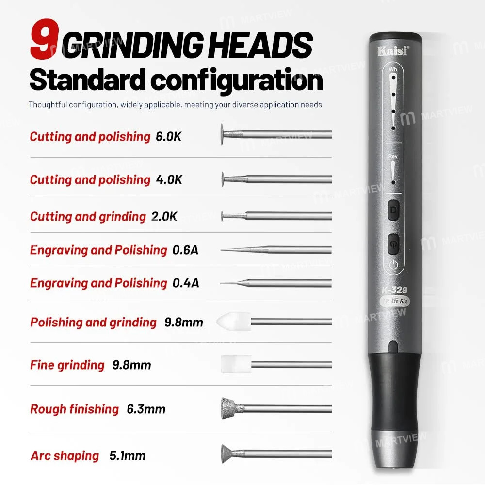 Kaisi 329 Multifunction Charging Polish Pen with 9Pcs Grinding Heads for Motherboard CPU IC Polishin