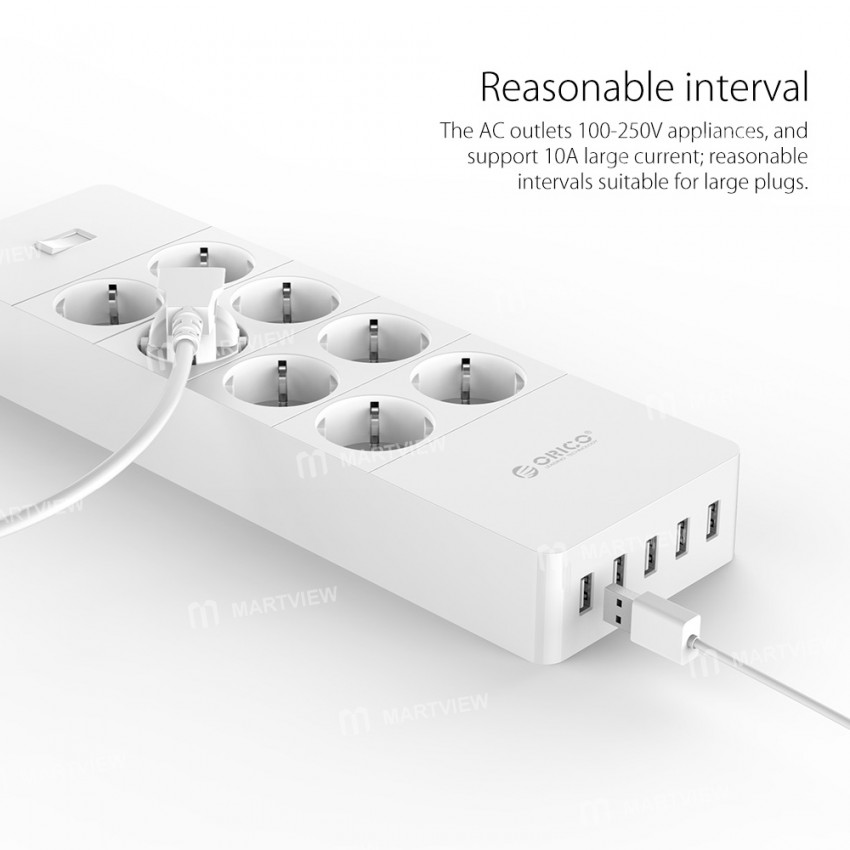 Orico HPC-8A5U 8 AC Outlets Surge Protector Power Strip with 5 USB Ports for Home Office - EU Plug