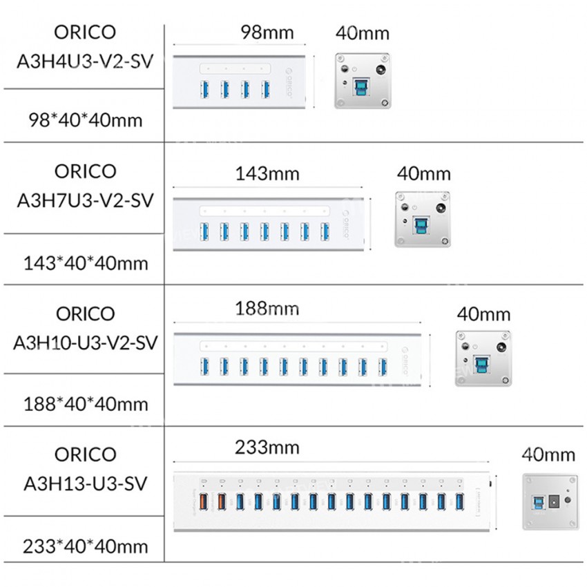 Orico A3H Series Aluminum High Speed 4 / 7 / 10 Ports USB 3.0 HUB with 12V Power Adapter