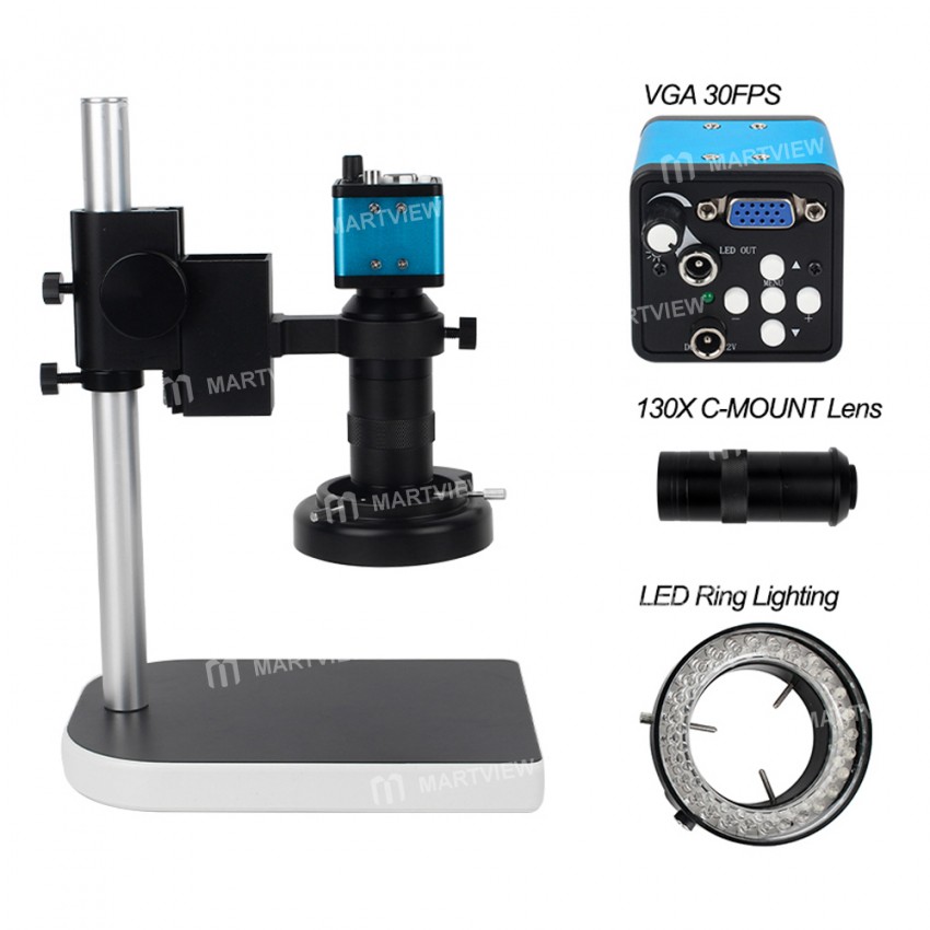 2MP 30FPS VGA Microscope Camera with Adjusting Bracket 130X C-mounting Lens LED Light