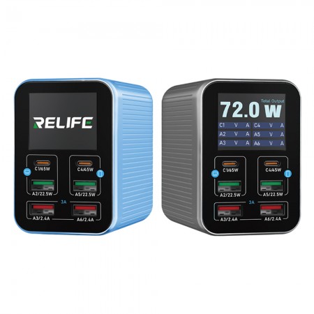 Relife Q4 72W 6-Port Dual PD + QC Smart Color Screen Fast Charger with Smart Sleep Mode