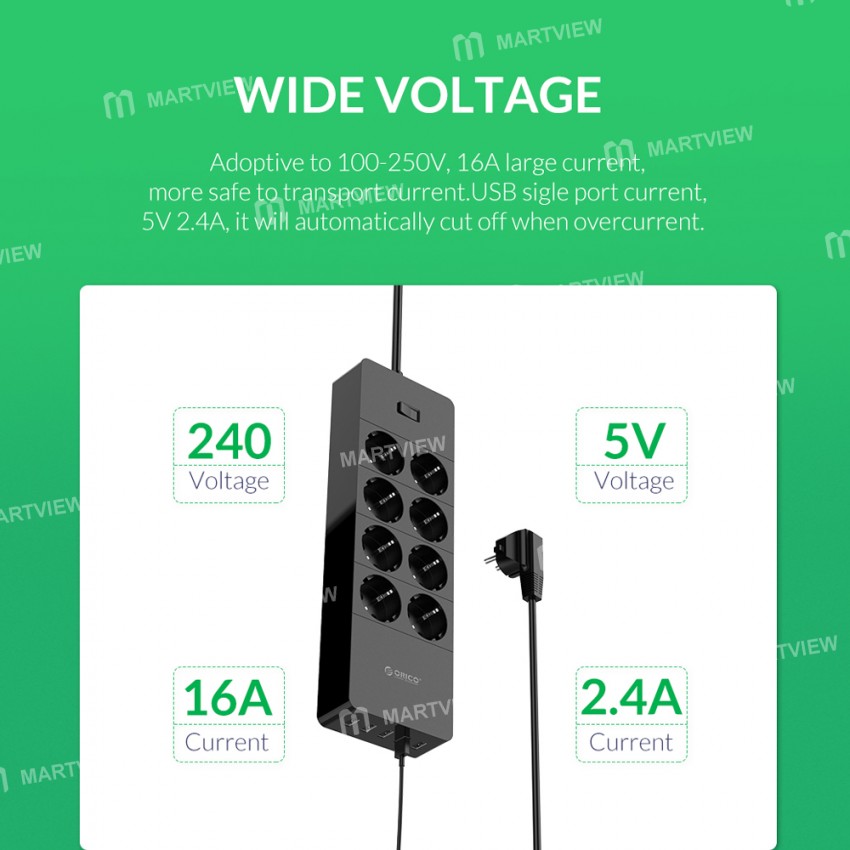 Orico HPC-8A5U 8 AC Outlets Surge Protector Power Strip with 5 USB Ports for Home Office - EU Plug