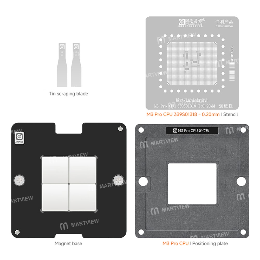 amaoe 020mm-cpu-bga-reballing-stencil-platform-set-for-apple-m3-pro-cpu-339s01318-5