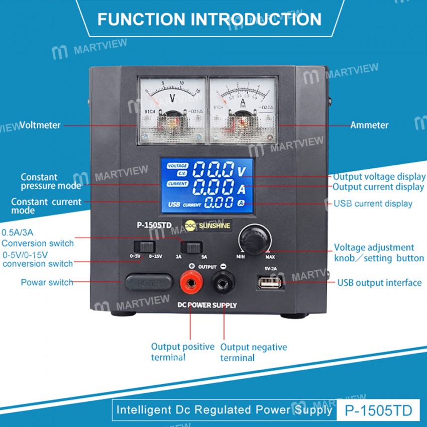 Sunshine P-1505TD 15V 5A Adjustable Intelligent DC Regulated Power Supply with LED Display