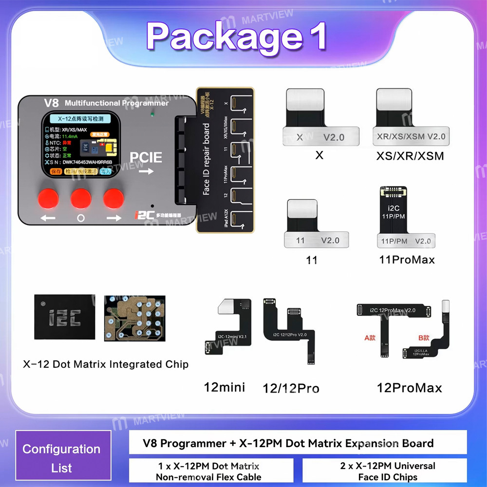 i2c v8-dot-matrix-smart-programmer-supports-face-dot-matrix-repair-for-iphone-x-to-17pm-16