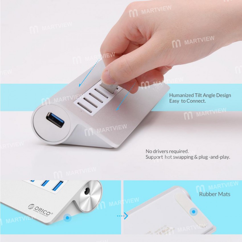 Orico Aluminum Bevel Multi-Port USB 3.0 HUB High-Speed Splitter With 12V Power Adapter