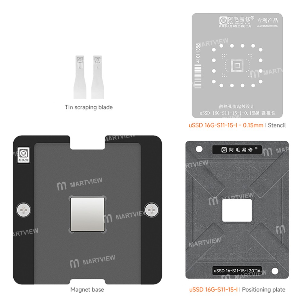 amaoe 015mm-ussd-16g-s11-15-i-ic-chip-cpu-bga-reballing-stencil-platform-set-1
