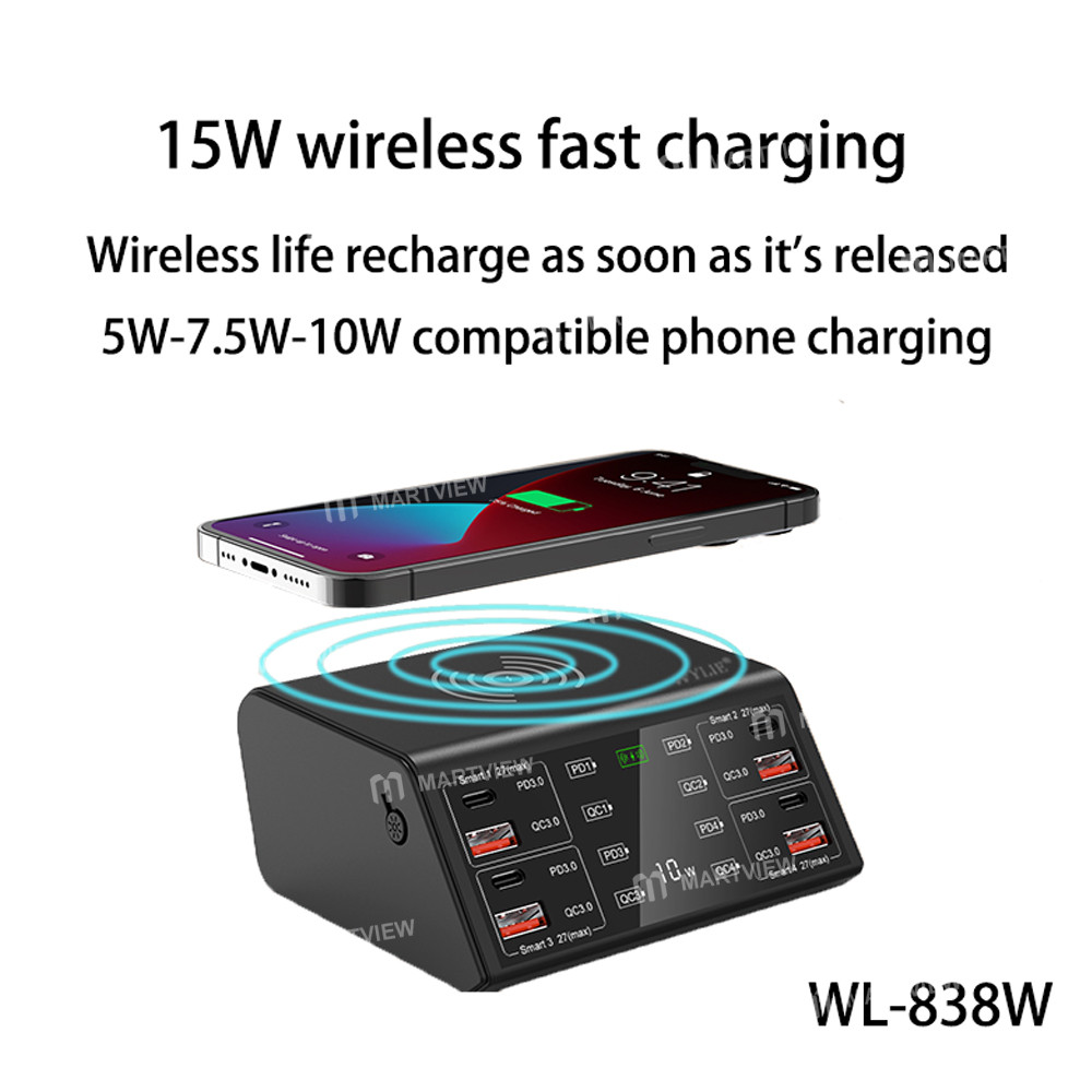 wylie wl-838w-100w-smart-multi-port-fast-charger-supports-qc-pd-fast-charging-15w-wireless-charging-