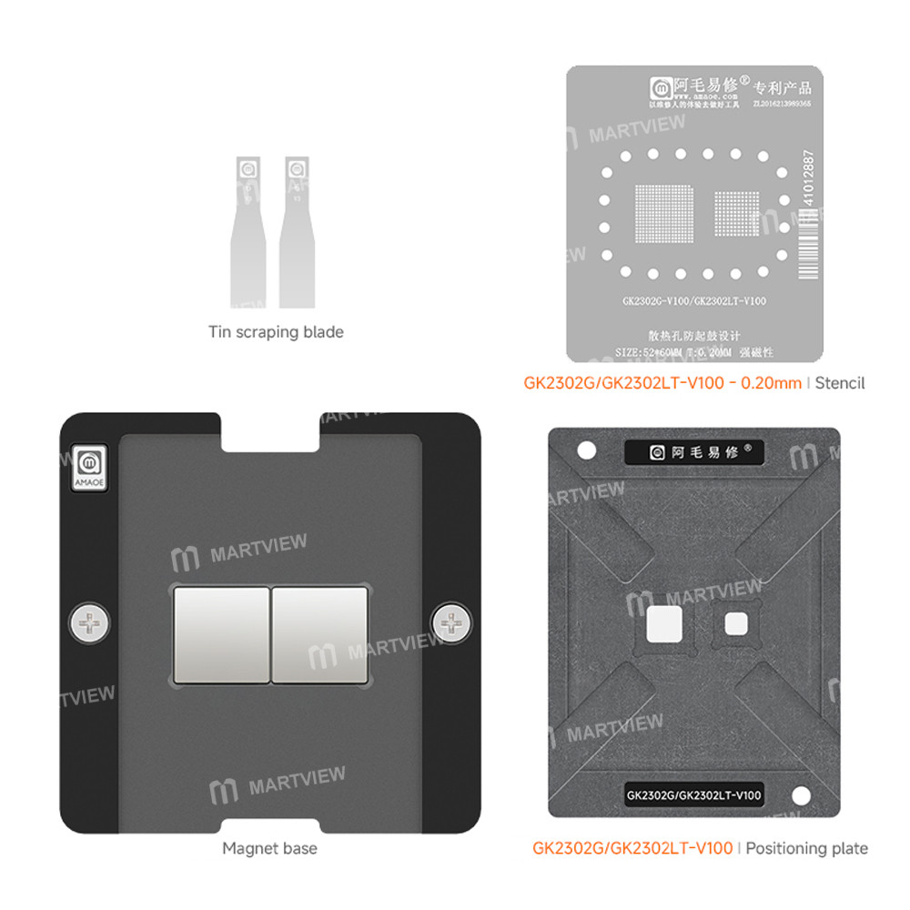 amaoe 020mm-gk2302g-v100-gk2302lt-v100-ssd-controller-bga-reballing-stencil-tin-plating-platform-set