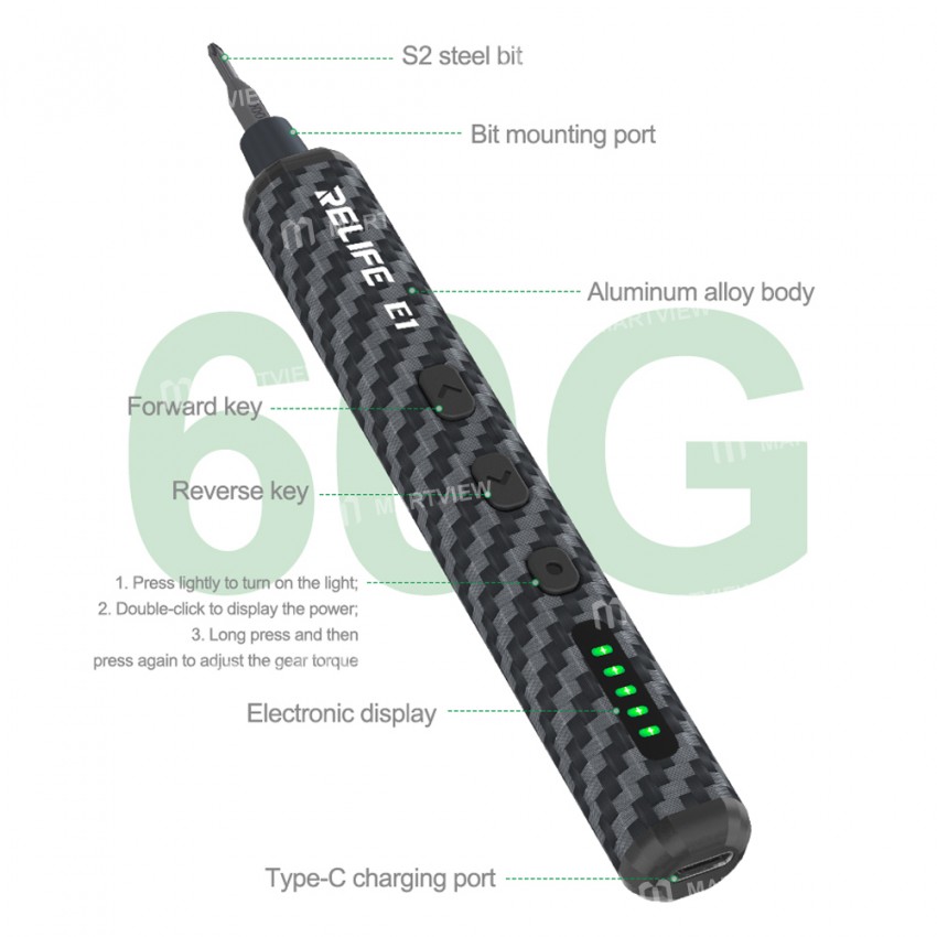 relife e1-powerful-carbon-fiber-electric-screwdriver-set-with-12pcs-s2-steel-bits-14