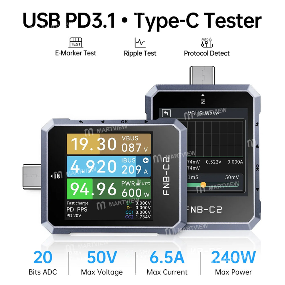 fnirsi fnb-c2-20-bit-high-precision-adc-4-50v-usb-pd-31-type-c-fast-charging-tester-supports-e-marke