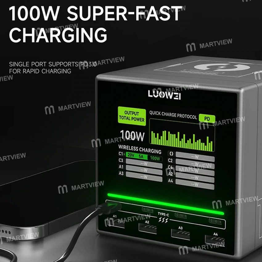 luowei lw-u1-140w-raptor-8-ports-usb-type-c-charger-station-with-wireless-charging-4
