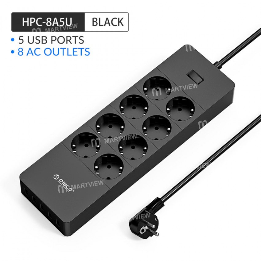 Orico HPC-8A5U 8 AC Outlets Surge Protector Power Strip with 5 USB Ports for Home Office - EU Plug