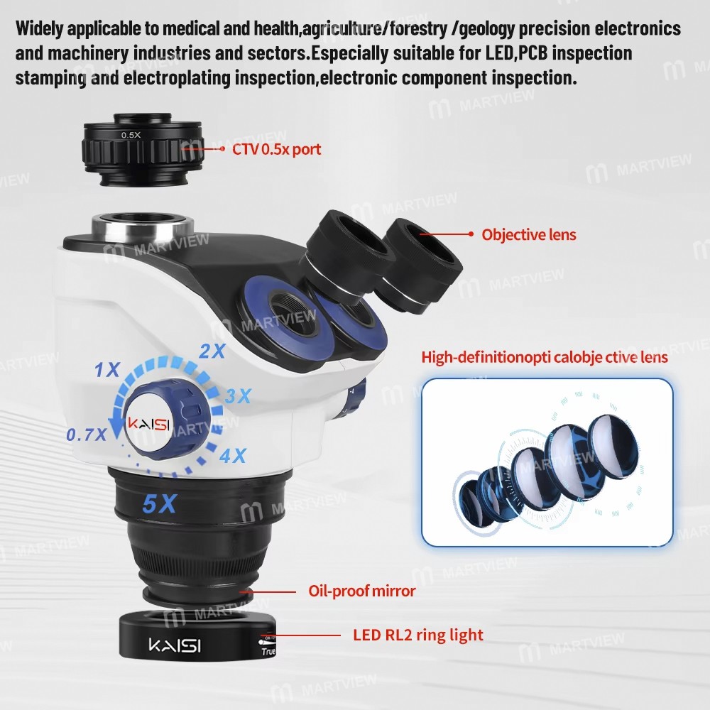 kaisi tx-350e-7-50x-continuous-zoom-trinocular-stereo-microscope-head-with-ctv-lens-and-led-light-3
