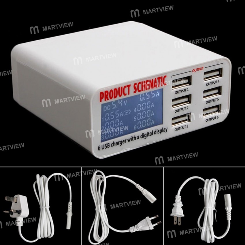 Multi-function 9A 5V 100-240V 6 Port USB Fast Charger Quick Charging Station With LCD Display for iP