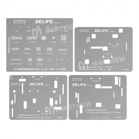 Relife RL-044 4-in-1 IP LCD Screen IC Tin Planting & Flex Cable Protection Repair Steel Stencil Set for iPhone 6S to 13 Series