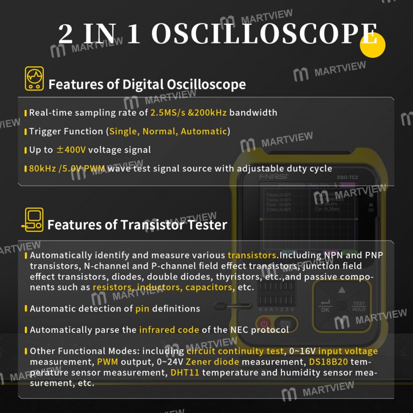 Fnirsi DSO-TC2 Portable 2-in-1 Multi-function Digital Oscilloscope Transistor Tester Multimeter