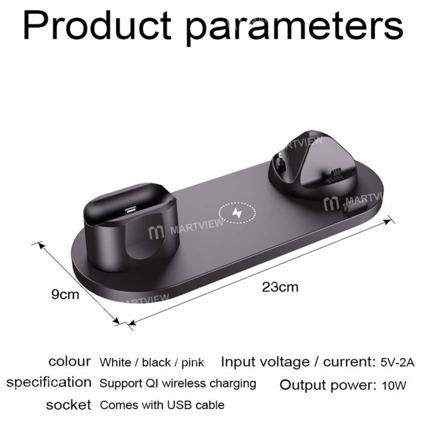 6-in-1 10W Qi Fast Wireless Charger Stand for Apple Watch/iPhone/Airpods Pro/Samsung/Xiaomi