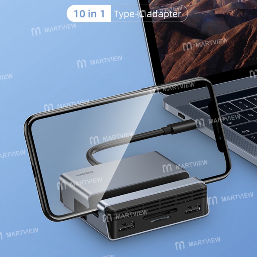 Hagibis 10-in-1 Type-C to 4K HDMI PD 100W Phone Holder Stand Docking Station