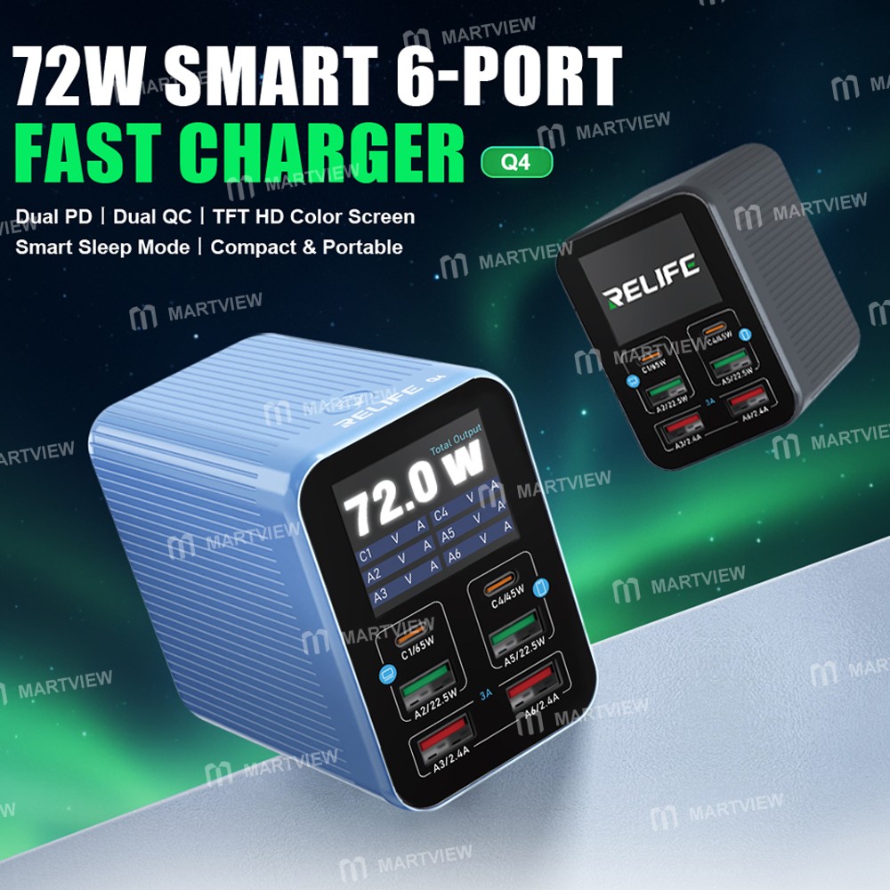relife q4-72w-6-port-dual-pd-qc-smart-color-screen-fast-charger-with-smart-sleep-mode-1