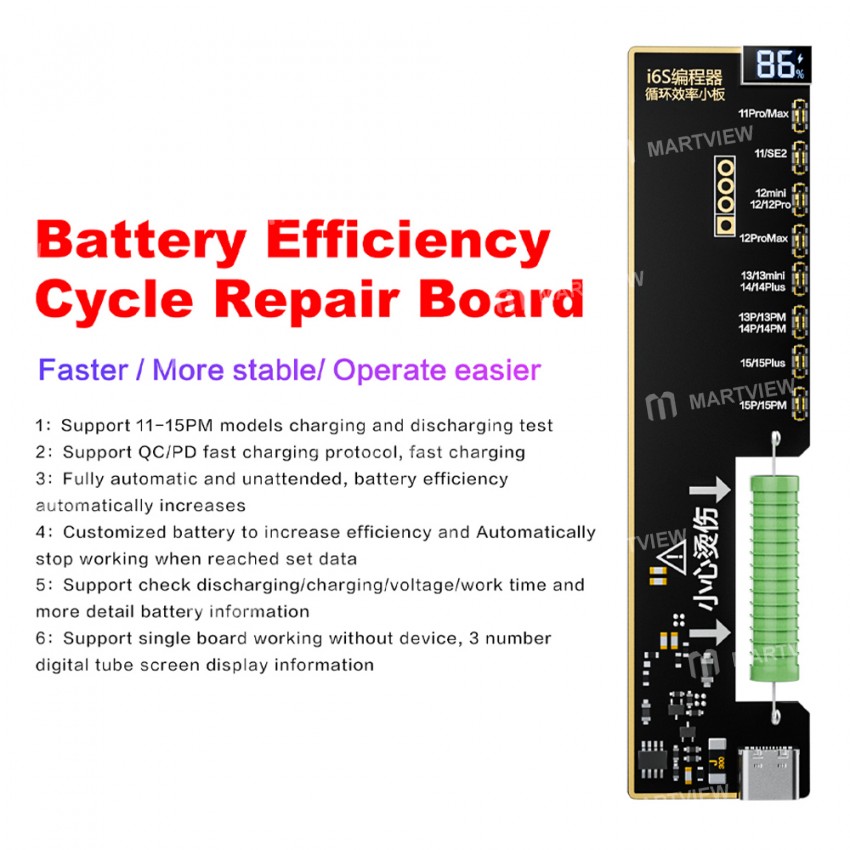 i2c i6s-battery-efficiency-cycle-repair-board-with-led-display-for-iphone-11-to-15pro-max-6