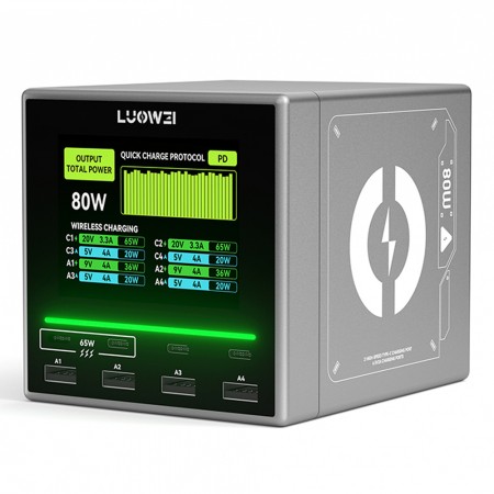 Luowei U1 Mini 80W Raptor 8-Ports USB & Type-C Color Screen Charger Station (No Wireless Charging)