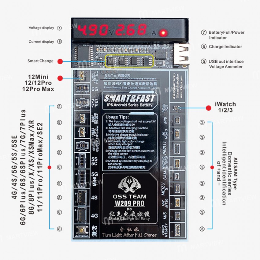 W209 Pro V6 Battery Charging Activation Board for iPhone 6 to 12 Pro Max and Android Phone