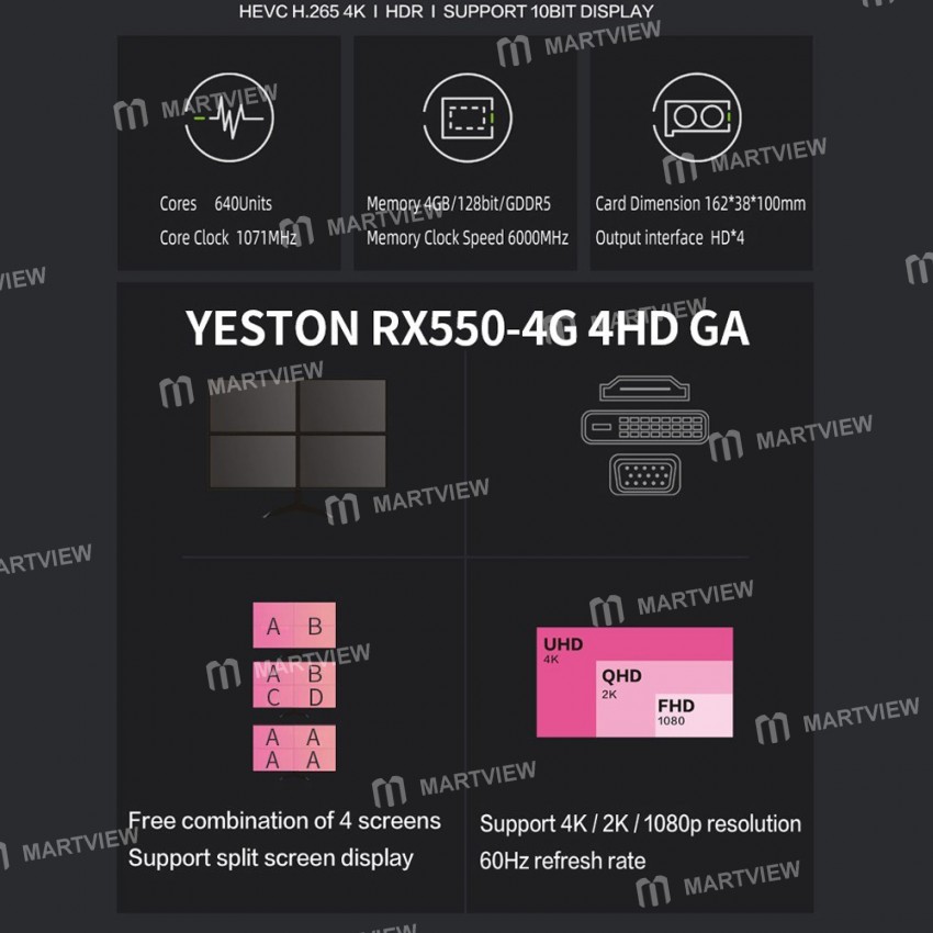 Yeston RX550 4GB / 128bit / GDDR5 4-screen Graphics Card Support Split Screen with 4*HD Output Ports