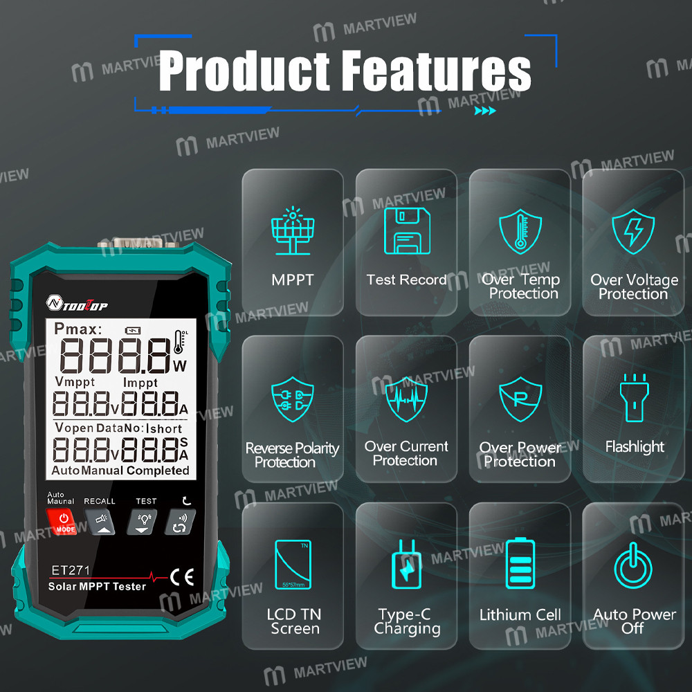 tooltop et721-rechargeable-digital-display-2000w-high-power-solar-mptt-tester-with-data-storage-func