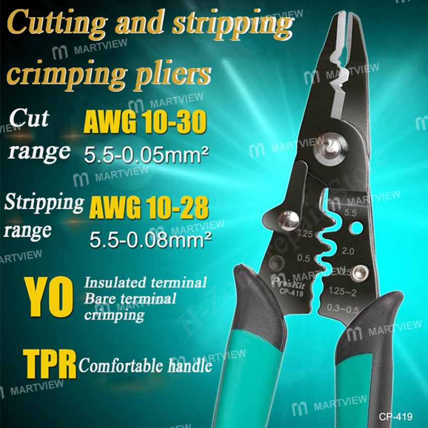 Pro'sKit CP-419 3-in-1 Precision Scissor Stripping Crimping Pliers for AWG 10-30 Cable