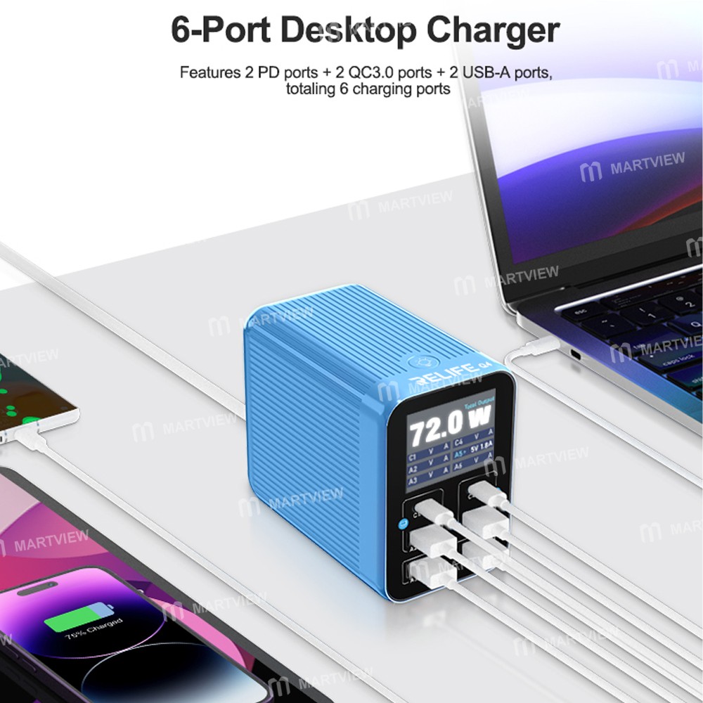 relife q4-72w-6-port-dual-pd-qc-smart-color-screen-fast-charger-with-smart-sleep-mode-10