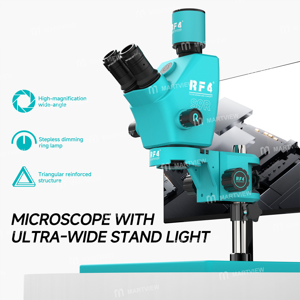 rf4 s9r-a6-7-74x-ultra-wide-field-trinocular-stereo-microscope-with-rf-a6-microscope-focusing-stand-