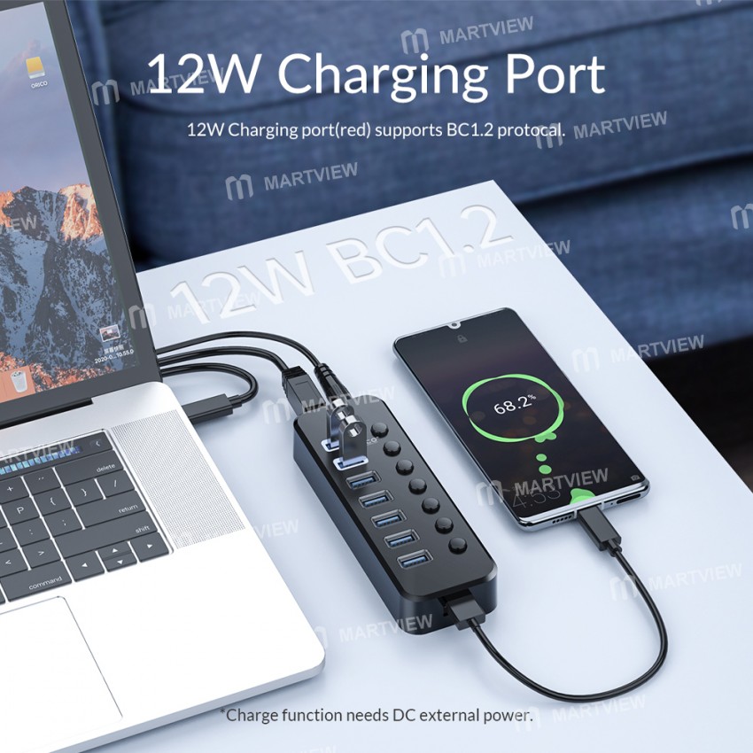 Orico SWU3-7A 7-Port High-speed USB 3.0 Split Control Hub With Power Adapter Support BC1.2 Charging