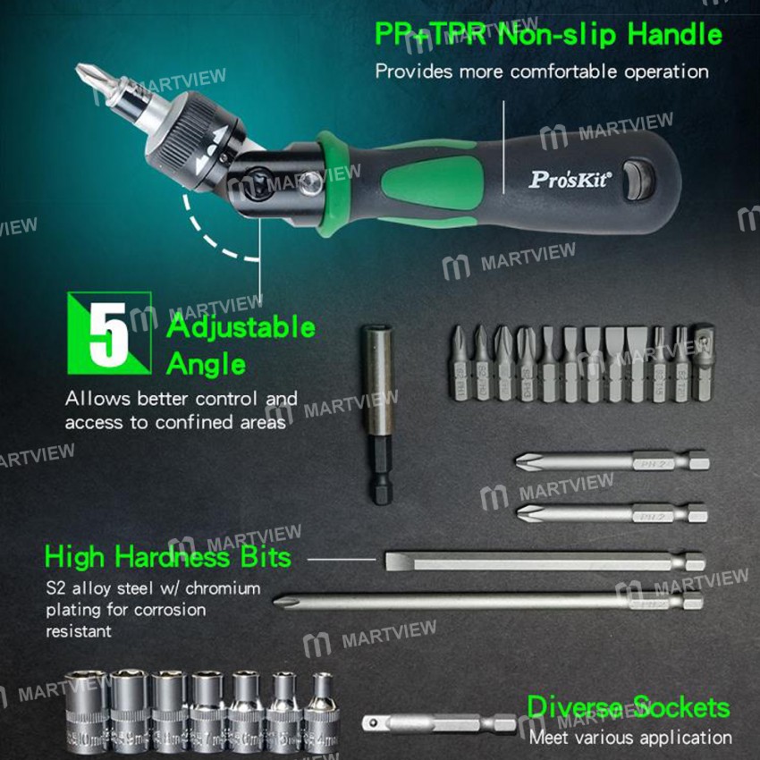 Pro'sKit SD-2314M 25-in-1 Multiple Angle Adjustment Ratchet Magnetic Screwdriver Sockets Set
