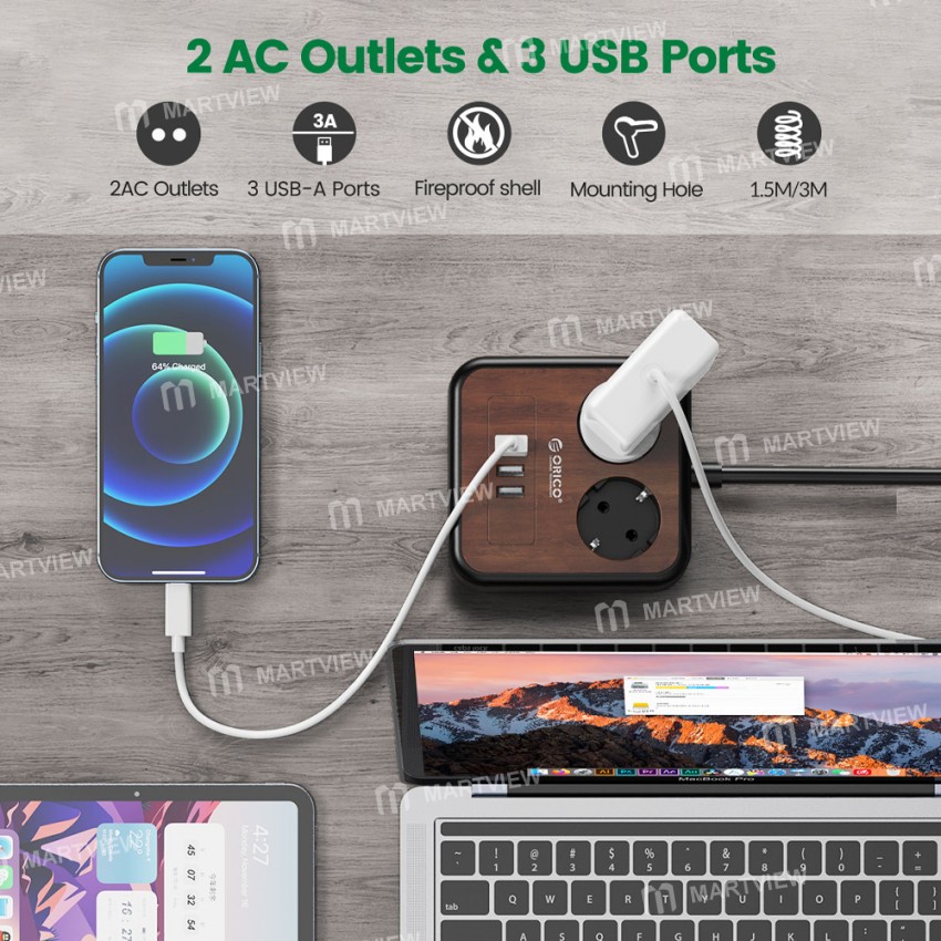 Orico Portable Home Wood Grain Double Sockets Power Strip with 3 USB Ports - EU Plug
