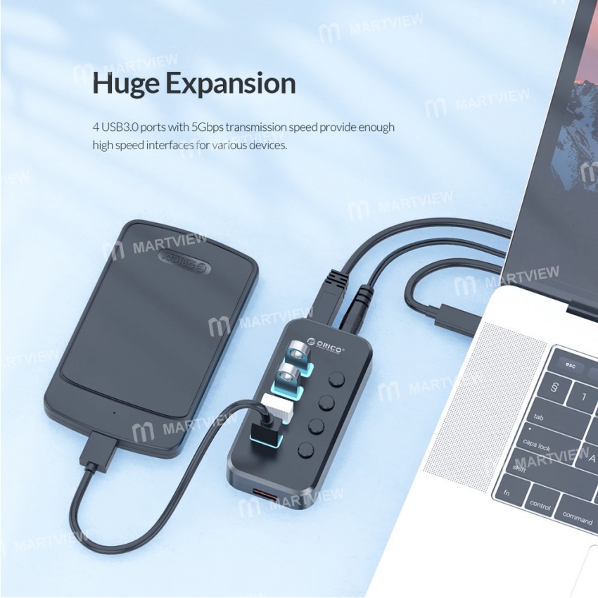 Orico SWU3-4A 4-Port High-speed USB 3.0 Split Control Hub With Power Adapter Support BC1.2 Charging