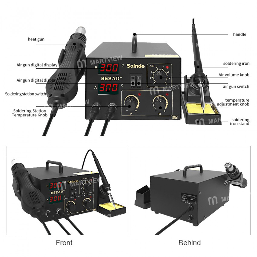 Solnde 852AD+ 2-in-1 Dual Digital Display Hot Air Gun Soldering Station for Motherboard BGA Repair