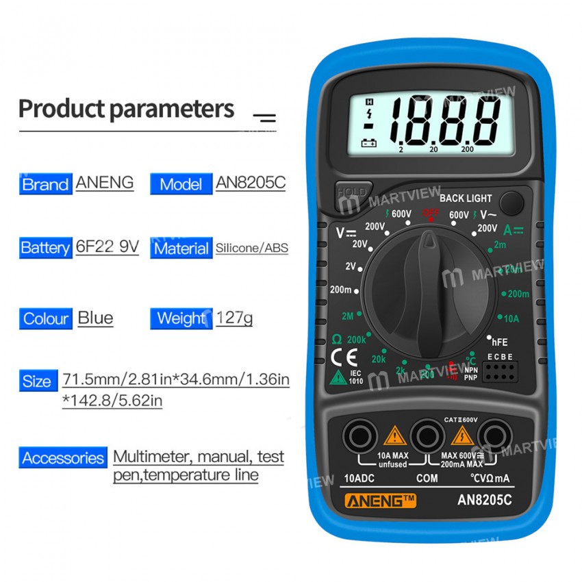Aneng AN8205C Portable AC / DC Digital Multimeter