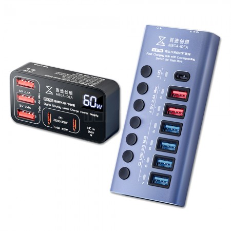 QianLi K367H 7-Port Extension Hub with P605S 60W 5-Ports Digits Display Fast Charger